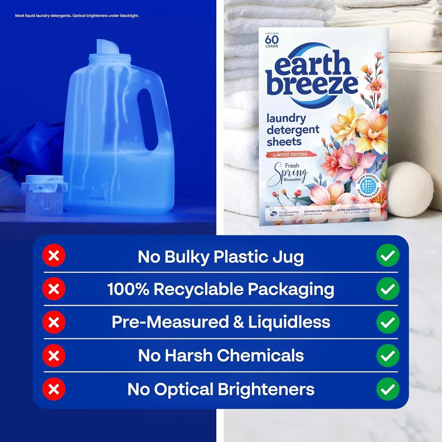Earth Breeze Laundry Detergent Sheets Fresh Spring Blossoms 60 Loads