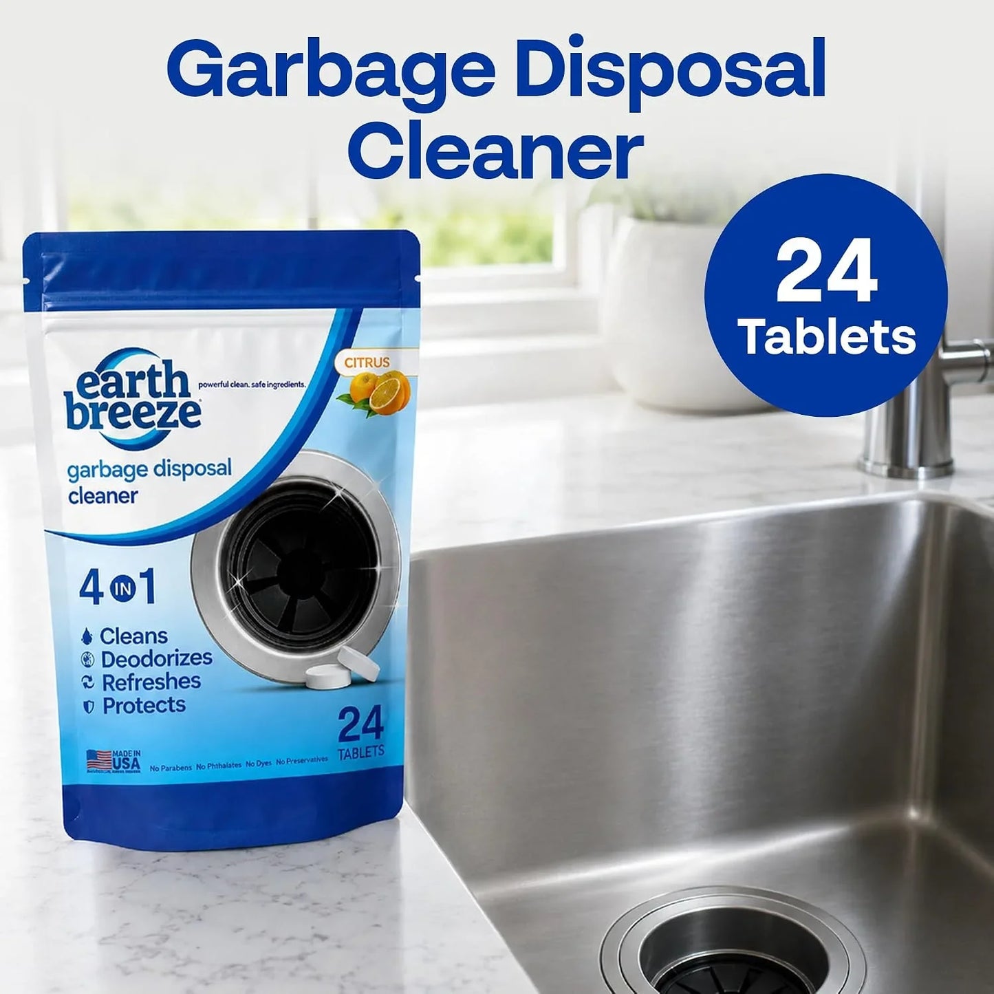 Earth Breeze Garbage Disposal Cleaner Tablets 4-in-1 Citrus Scented